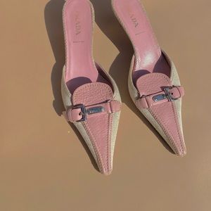 *SOLD* Vintage Prada Pink Cream buckle mule heels